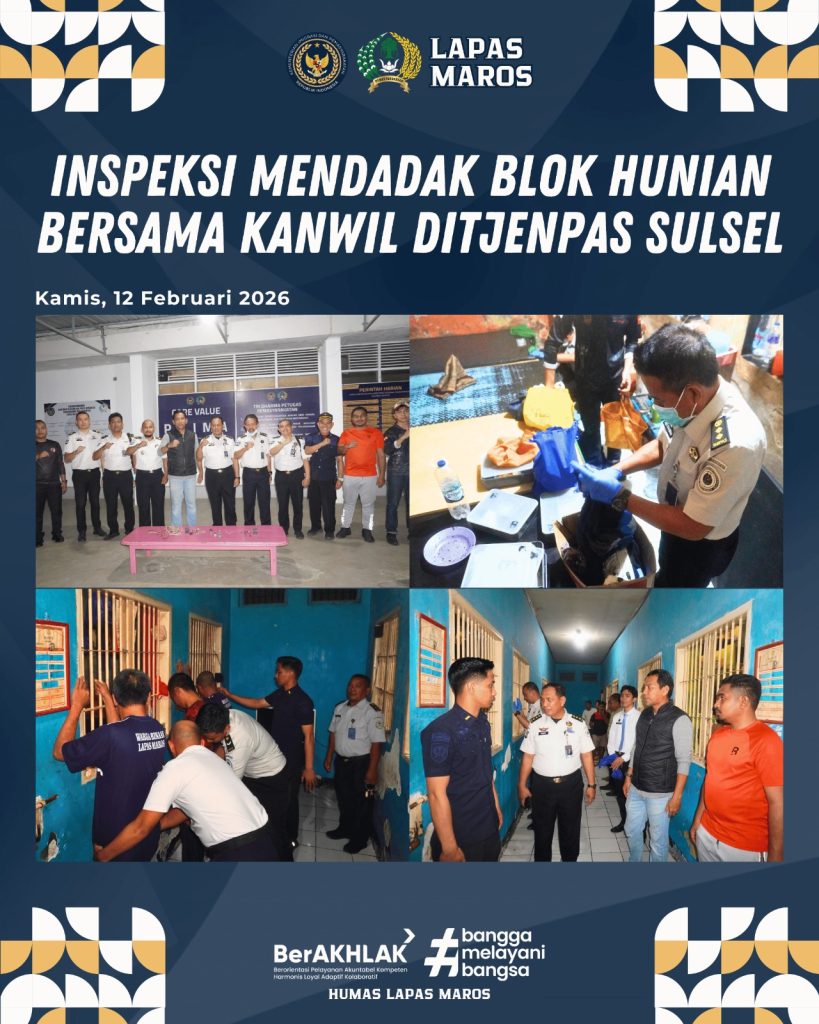 Sidak Gabungan Lapas Kelas IIB Maros dan Kanwil Ditjenpas Sulsel Perkuat Pengawasan dan Deteksi Dini