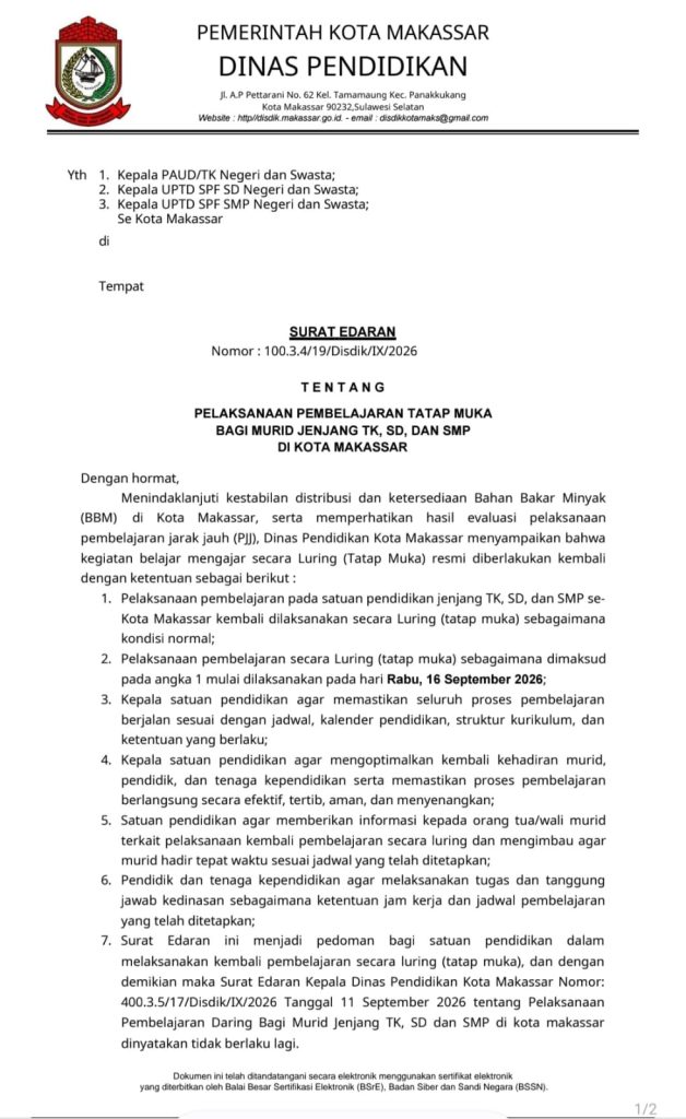 Disdik Makassar Cabut PJJ, Siswa TK-SMP Kembali Sekolah Tatap Muka Mulai Tanggal 16 Besok