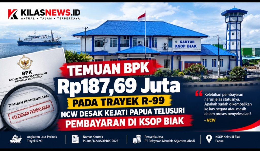 Temuan BPK Rp187,69 Juta pada Angkutan Laut Perintis Trayek R-99, NCW Desak Kejati Papua Telusuri Peran PPK KSOP Biak dan Penyedia Jasa